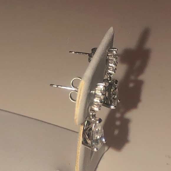 STERLING Silver White Cz Pear Shape Drop Stud Earrings 15mm Total Length - Picture 5 of 9